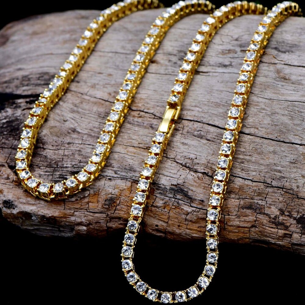 ⭐ Large 22" Diamond  Hip-Hop Chain With 5mm Diamonds 18k Yellow Gold Pltd ⭐